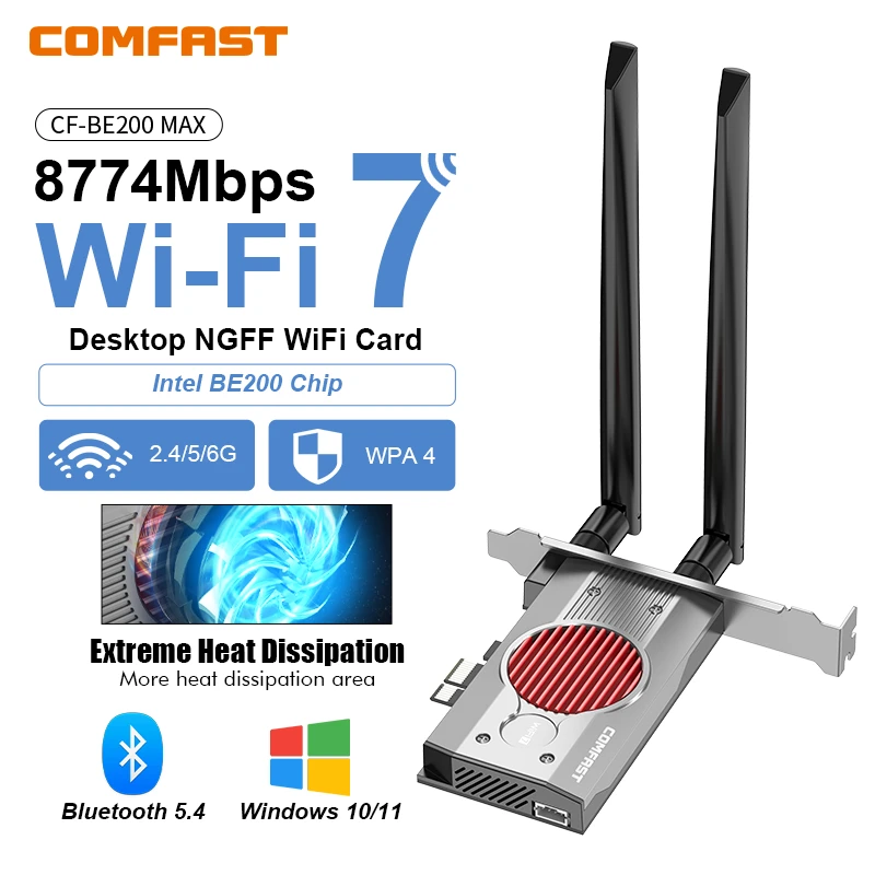 

COMFAST Wifi 7 Intel BE200 Pci Express Wifi Card 8774M Adaptador Wi Fi Antenna BT5.4 6ghz WPA4 Heat dissipation Wi-fi Adapter