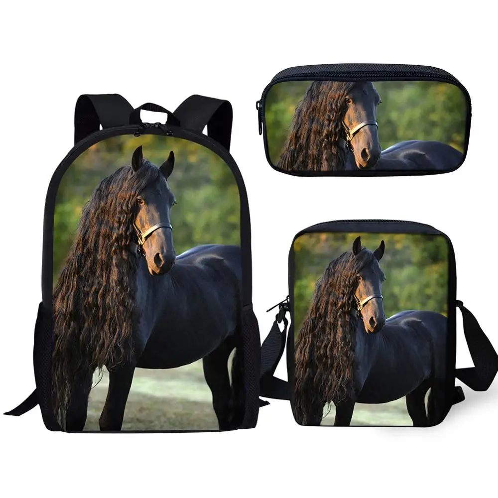 

Luxury Popular Friesian Horse 3D Print 3pcs/Set pupil School Bags Laptop Daypack Backpack Inclined shoulder bag Pencil Case