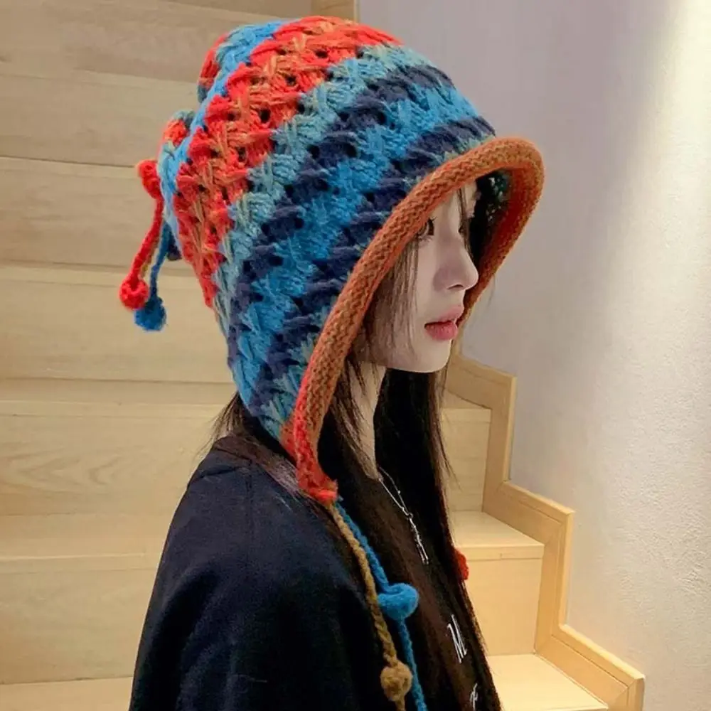 Ear Protection Tassel Ball Knitted Hat Japanese Style Windbreak Rainbow Knitted Beanie All-match Stripe Winter Hat