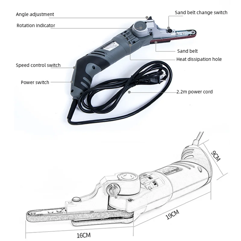 Mini ponceuse à bande, broyeur de polissage, bricolage, travail du bois, petit outil de ponçage électrique pour garde-corps, élimination de la rouille, porte de meulage de tuyaux