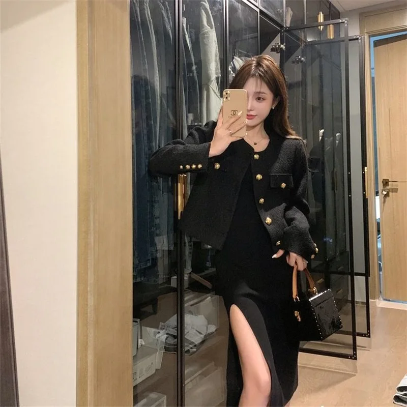 Casaco de tweed de lã francesa moda high-end botão de ouro curto fino temperamento primavera e outono casacos coreanos jaqueta feminina nova