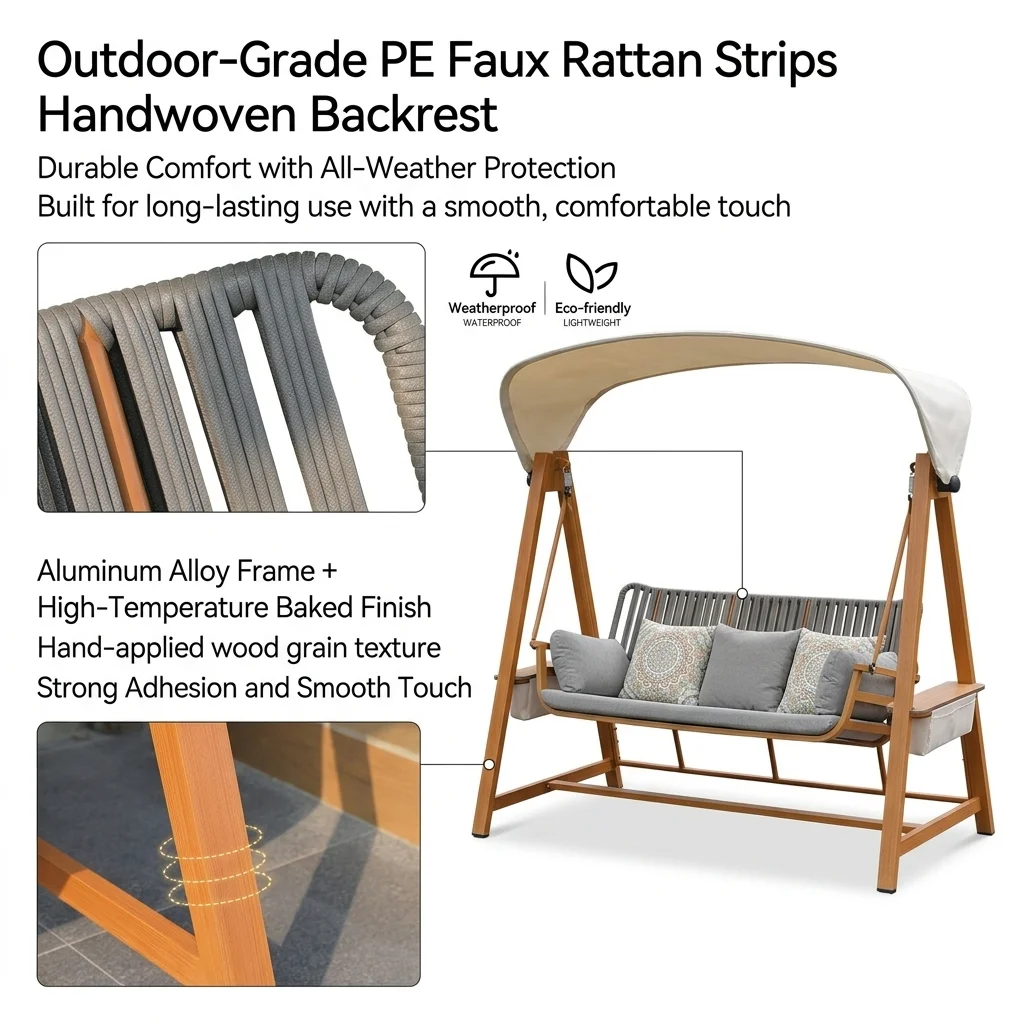 Modern Aluminium Outdoor Swing Chair With Waterproof Cushion For Patio Garden Bedroom & Balcony-Eco-Friendly Seat 3 People