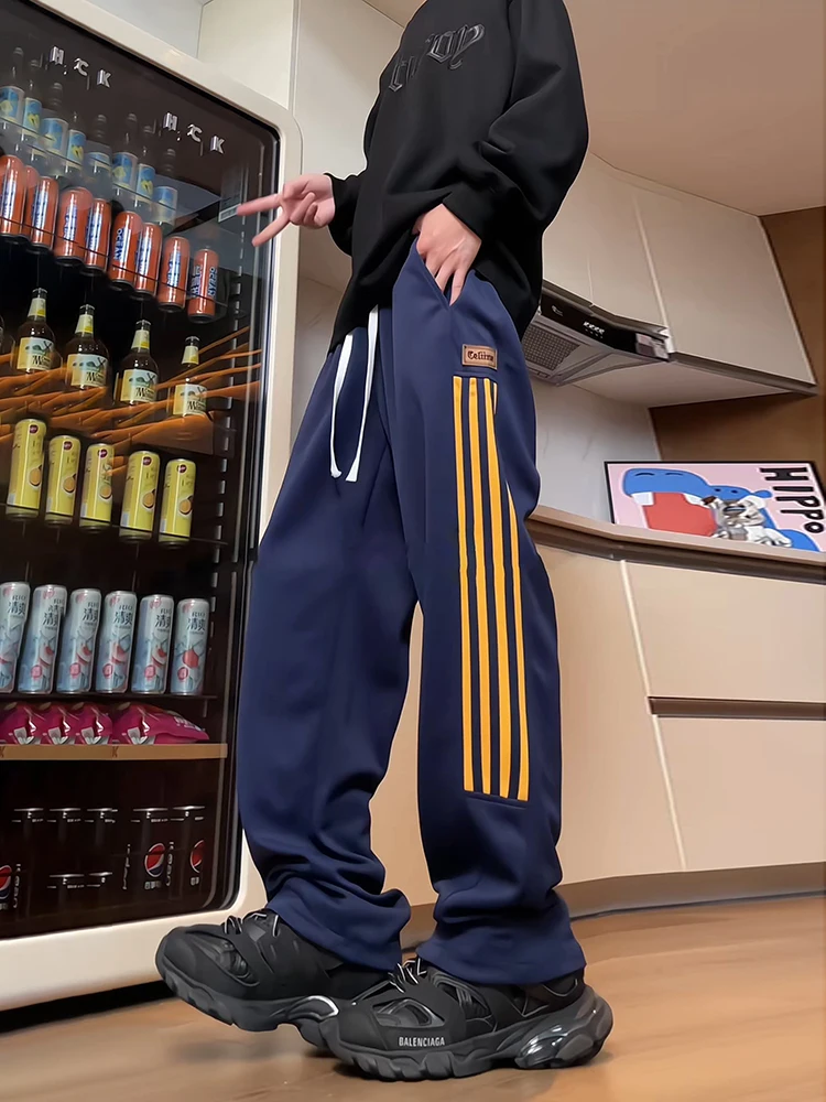 Dark Blue Heavyweight Men's Casual Pants American High Street Three Stripe Stripe Long Straight Leg Trousers Spring Autumn