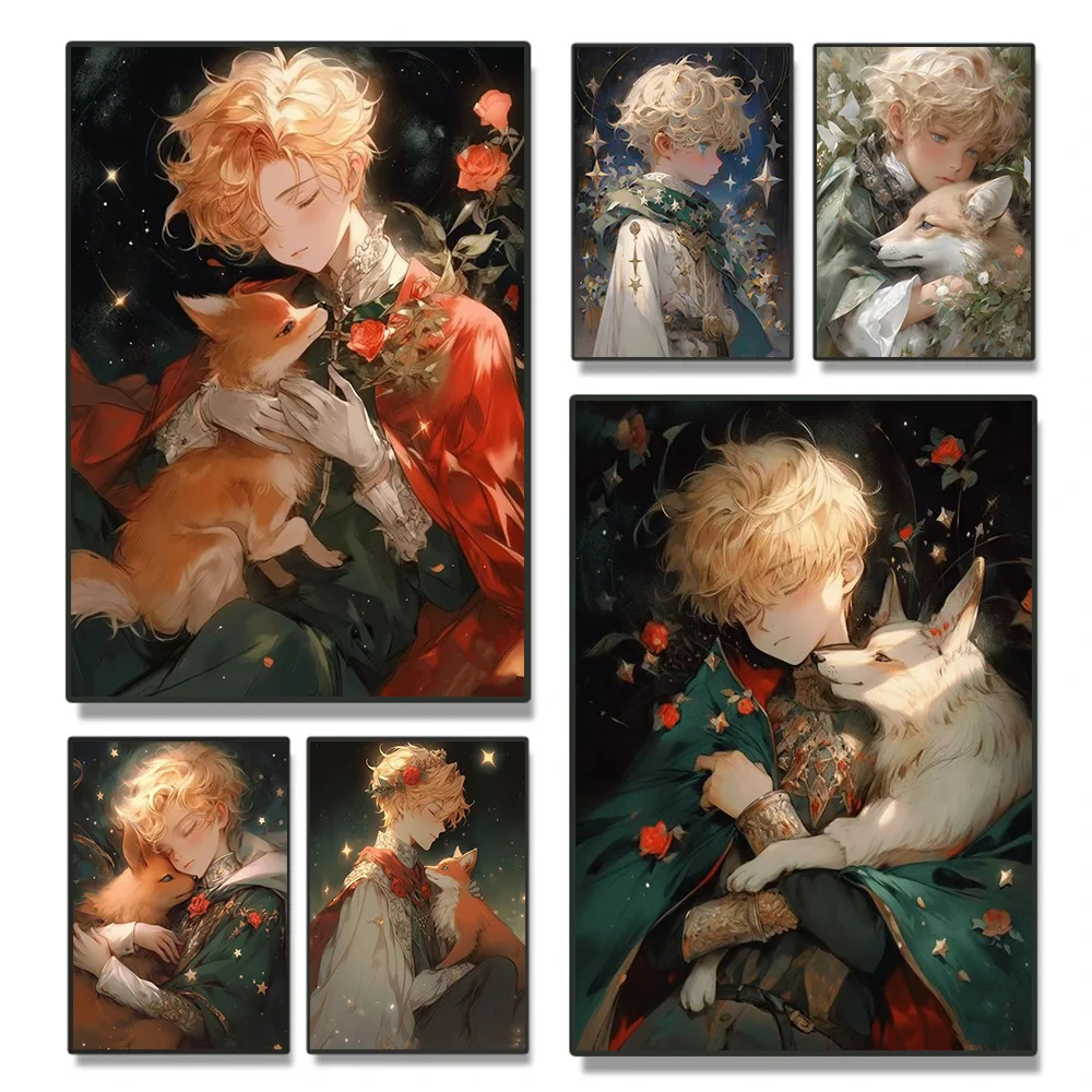 Peinture sur Toile Imprimée de Dessin Animé Petit Prince et Renard, Art Mural, Décoration de Maison, Cadeau pour Salon