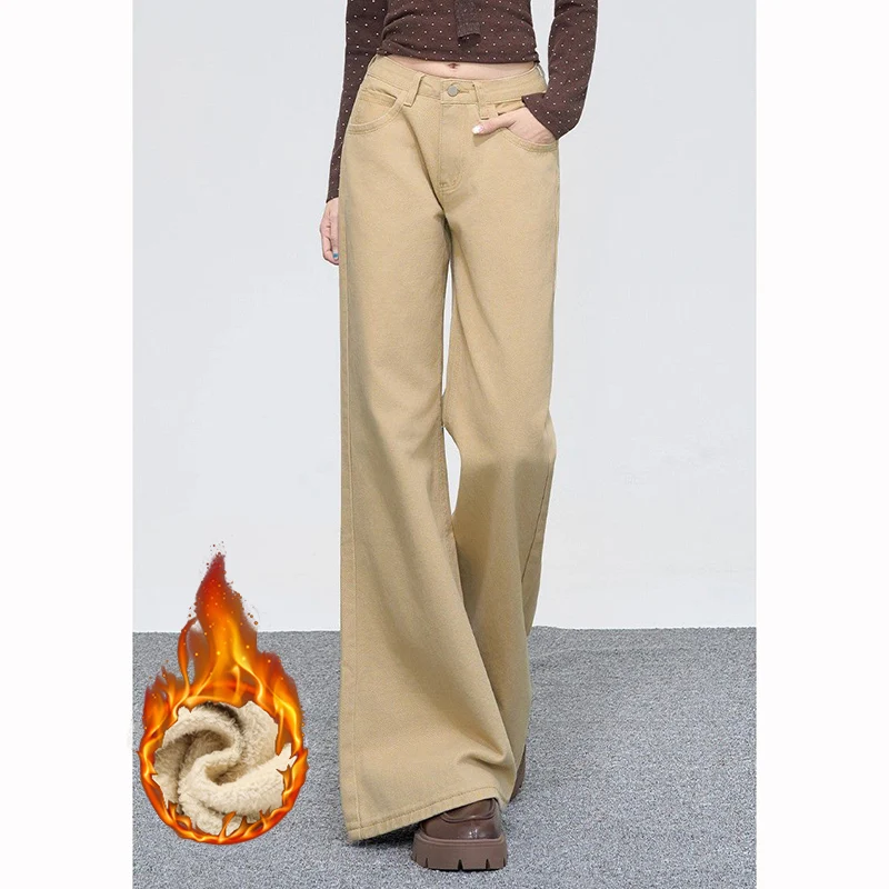 Calças térmicas inverno feminino jeans de pelúcia neve quente senhora clássico cintura alta denim calças femininas sólida fina lã