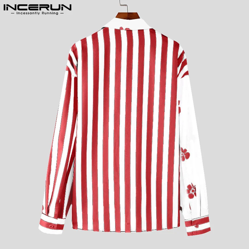 INCERUN Men American Fashion Tops Casual Stripe Splicing Shirt Well Fitting Streetwear Male Printed Blusas Turn-Down Collar Tops