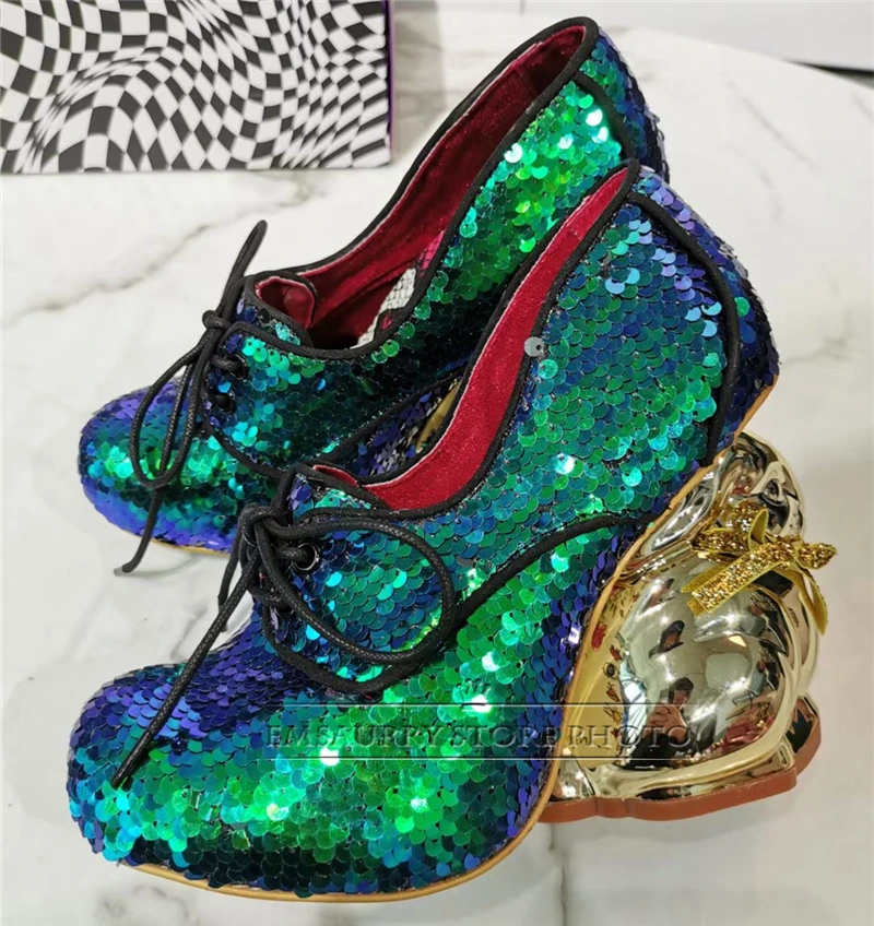 Bling Sequins Round Toe Banquet Shoes For Girls Novelty Rabbit-Shaped Strange Heel Platform Cross-tied Women Pumps