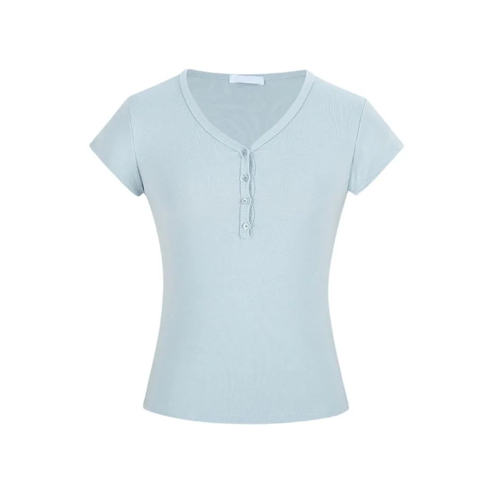 

Fashion Slim Fit Short Sleeve T-shirt Solid Color Button Crop Top Women Bottoming Shirt Simple V-neck Tees Top Summer