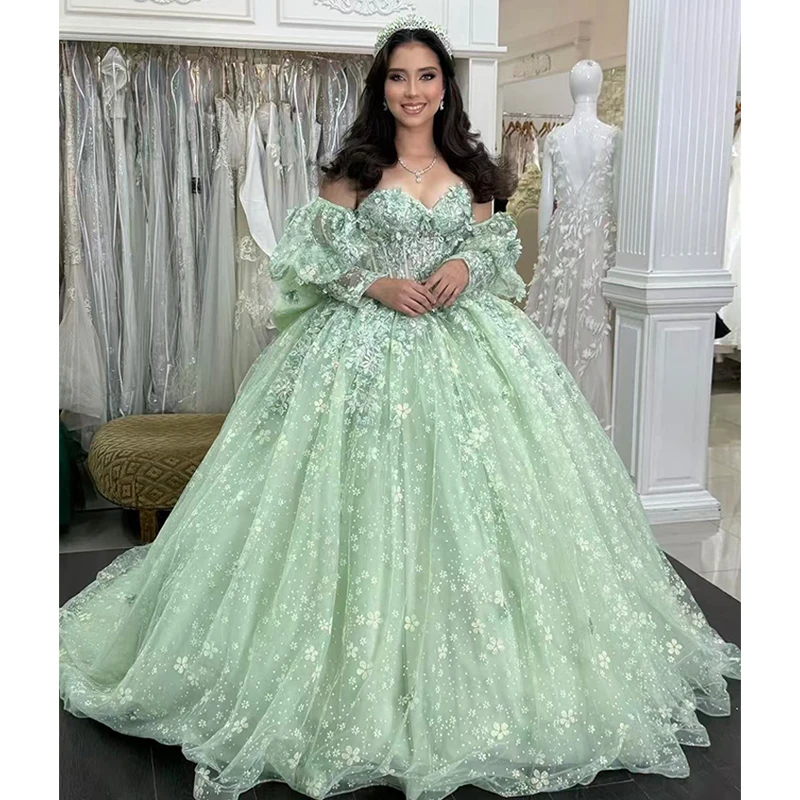 

Quinceneara Dress Organza With Embroidery Ball Gown Puff Sleeves Strapless Customized Formal Party 15 Year Old Dress For Girls