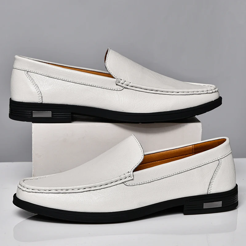 New Genuine Leather Mens White Low Heeled Business Shoes Fashion Mens All-match Male Shoes Handmade Comfortable Punching Loafers