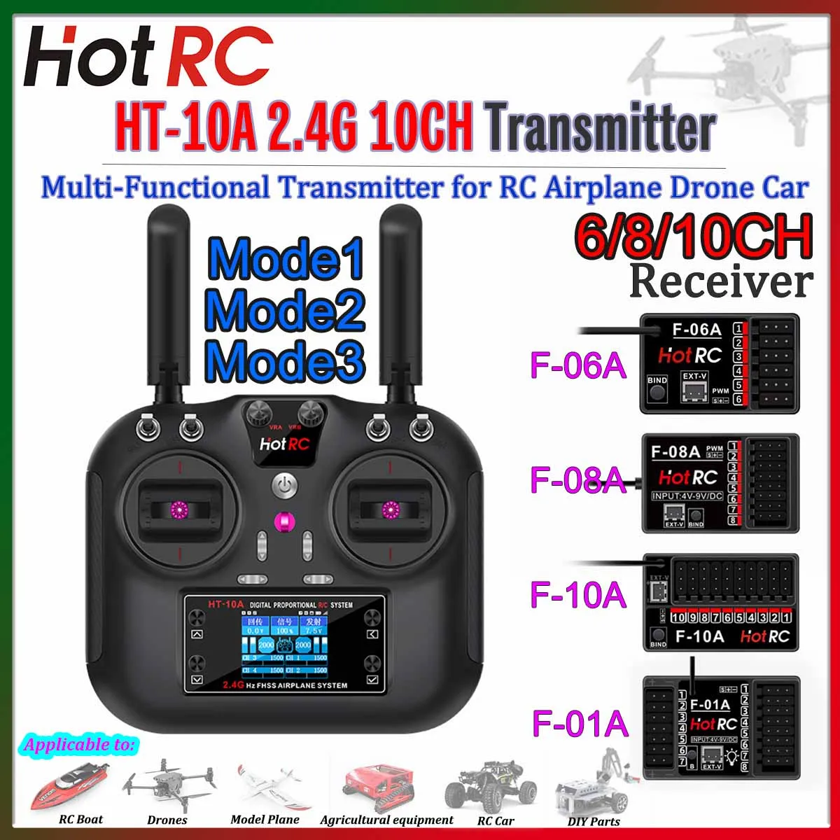 

HOTRC HT-10A 2.4G 10CH Transmitter Mode1/2/3 Multi-Functional Remote Control F-06A F-08A F-10A Receiver for RC Airplane Drones