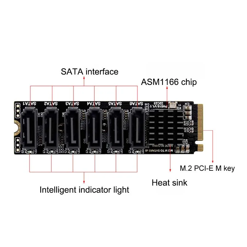 M.2 NVME PCI-E PCIE X4 X8 X16 a 6 puertos 3,0 SATA tarjeta adaptadora Riser III ASM1166 6 GB/S chasis servidor PC expansión de ordenador