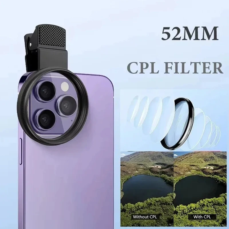 52mm filtro polarizador cpl filtro de lente da câmera do telefone móvel clipe sem reflexão para iphone samsung canon nikon dslr fotografia kit