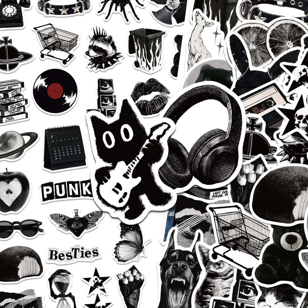 50PCS Y2K Vintage Grunge Rock Stickers Punk Rock Cool Black White Aesthetic Decals For Laptop Phone Journal Skateboard Gifts