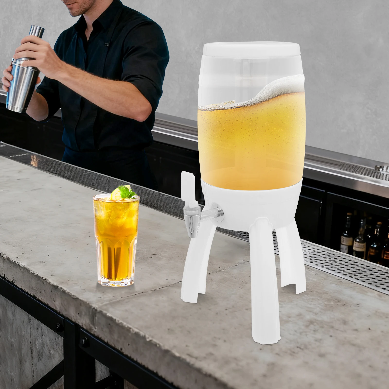 White ABS 3-liter Three-legged Draft Beer Barrel with Faucet LED Lamp Icicles Household Beer Dispenser