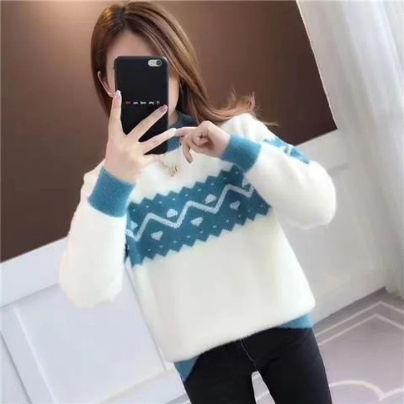 

2024 New Winter Knit Sweater Pullover Women Korean Fashion Imitation Mink Cashmere Loose Femme Top Clothes Female Tops Q583