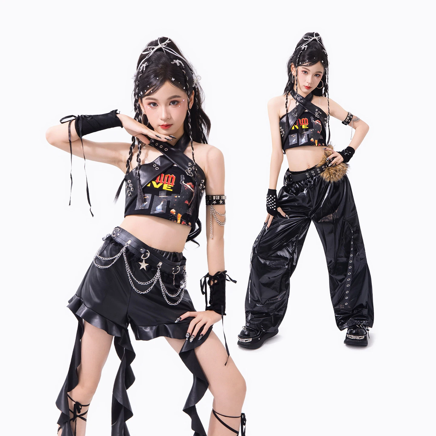 2026 New Jazz Dance Performance Costumes For Girls Group Black Tops Loose Leather Pants Suit Hip Hop Dance Stage Wear DQS24051