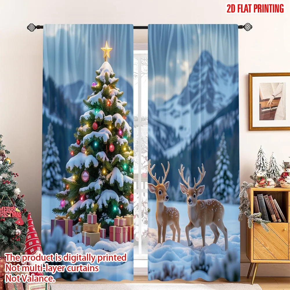 

2pcs 2D flat printing Merry Christmas Popular Curtains Snowy Deer Christmas Tree Lights Polyester Without Electricity Party
