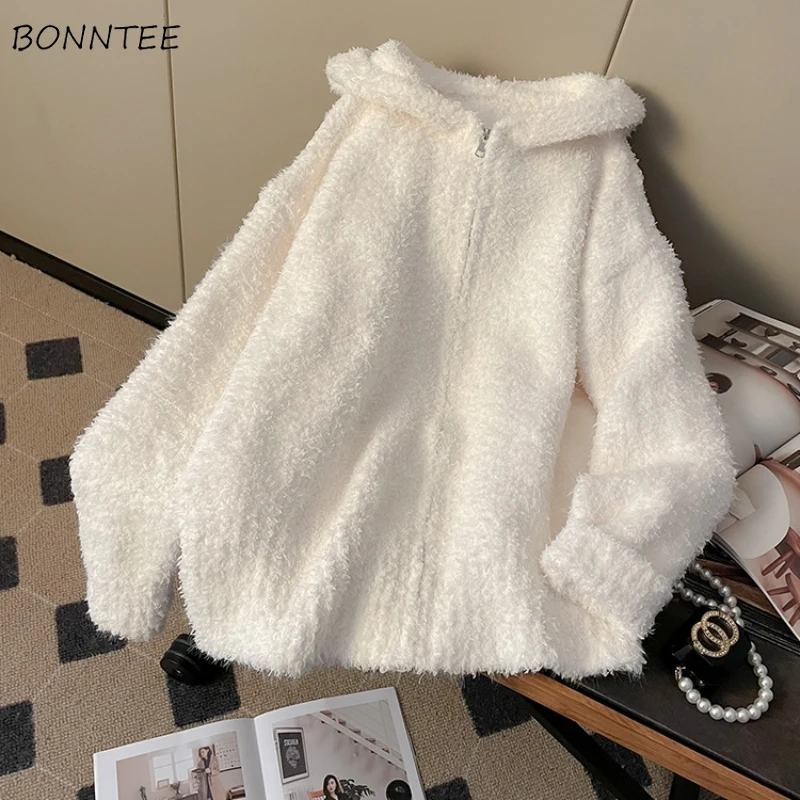 

Кардиган с капюшоном, женский пушистый дизайн, свитера на молнии в ленивом стиле, вязаный корейский модный осенне-зимний свободный крой, нежный и удобный