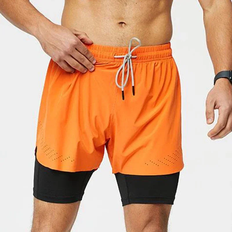 Double-Deck shorts esportivos para homens, corrida, academia, fitness, treinamento, corrida, fundo, calças curtas, roupas esportivas, roupas masculinas, 2 em 1