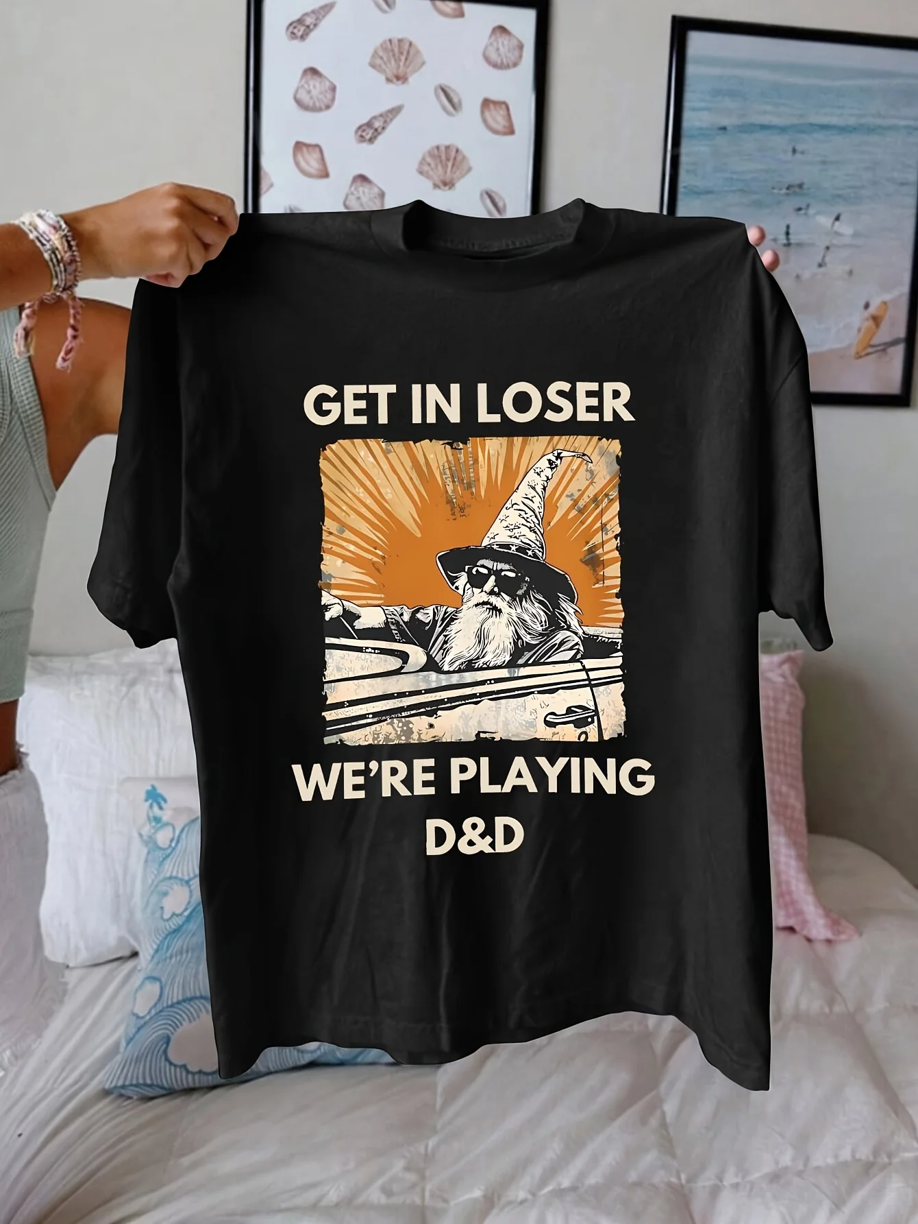 تي شيرت رجالي برسومات Dungeon Master تي شيرت أسود كاجوال برقبة دائرية وأكمام قصيرة مع حصل على الخاسر ونحن نلعب بتصميم D D