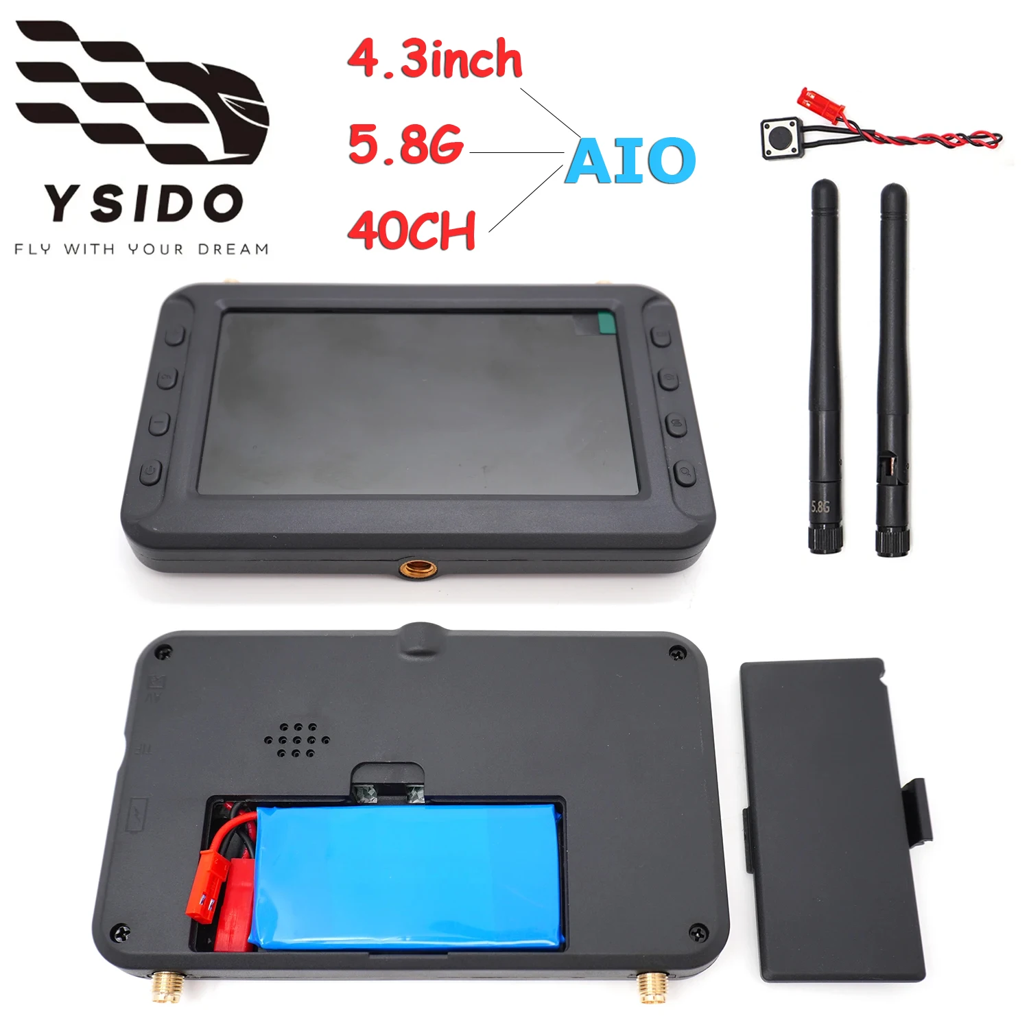 

Дисплей YSIDO 4.3 дюйма FPV HD с передачей изображения 5.8G и двойной антенной для радиоуправляемых FPV дронов, авиамоделей, мультикоптеров, квадрокоптеров