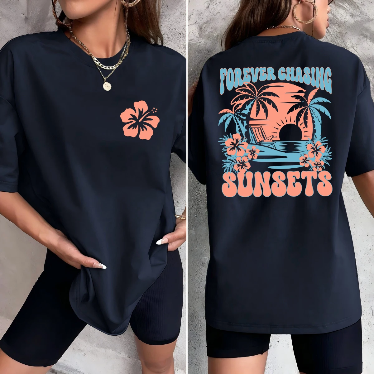 Forever Chasing Sunsets-Camiseta con estampado de árbol de coco para mujer, camiseta que combina con todo, ropa suave Y2K, Tops holgados de algodón