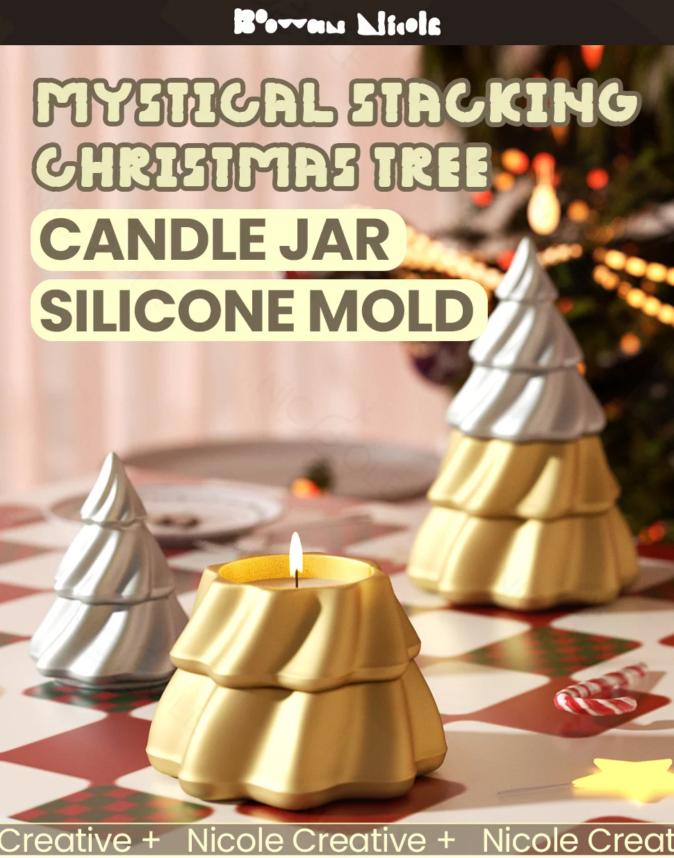 Mystical Stacking Christmas Tree Jesmonite Candle Jar Silicone Mold For Lid Handmade Concrete Candle Vessel Mould Home Decor