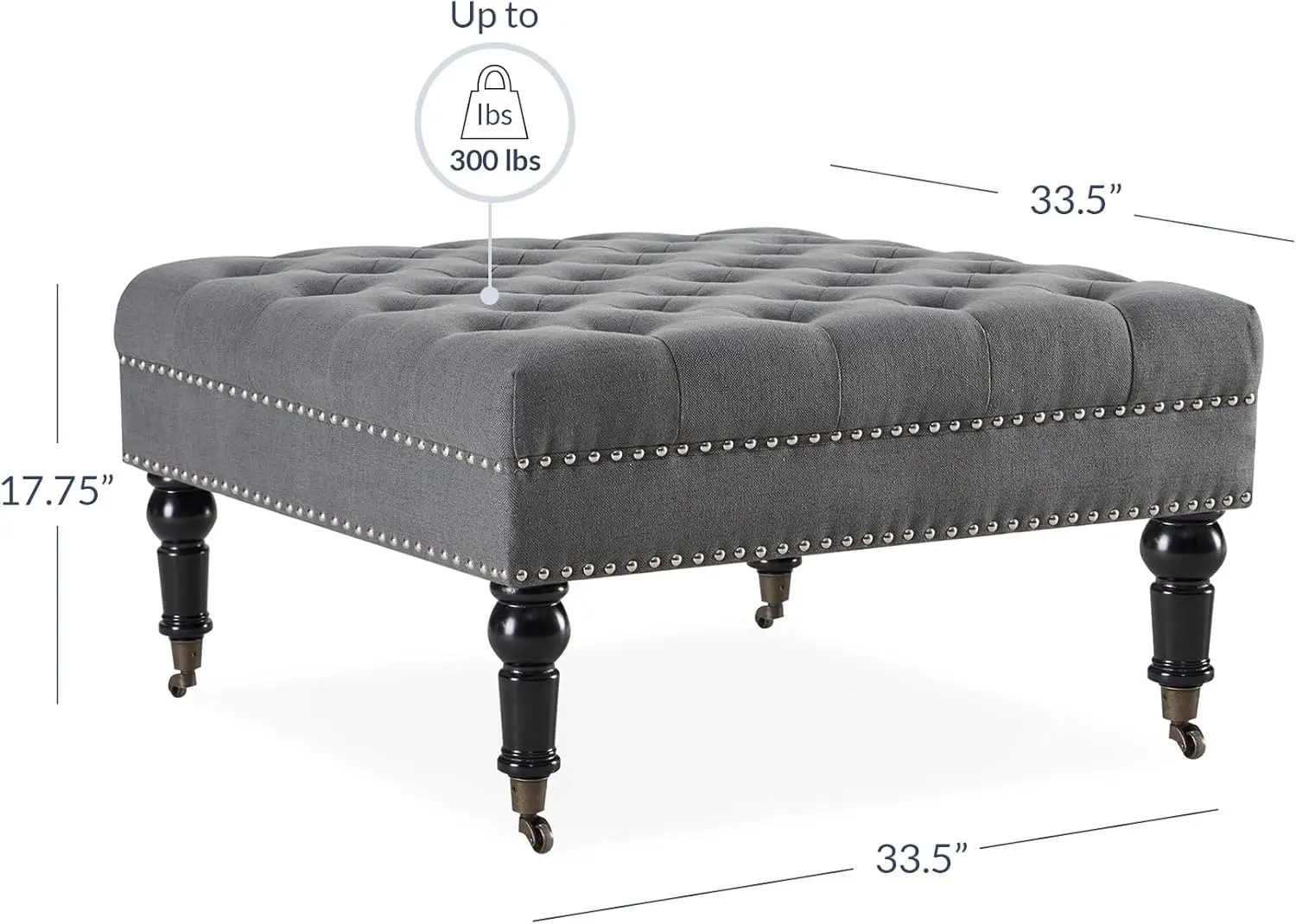 Modern 34 Inch Square Linen Ottoman with Caster Wheels, Contemporary Classic Footsool Bench with Button Tufted Top