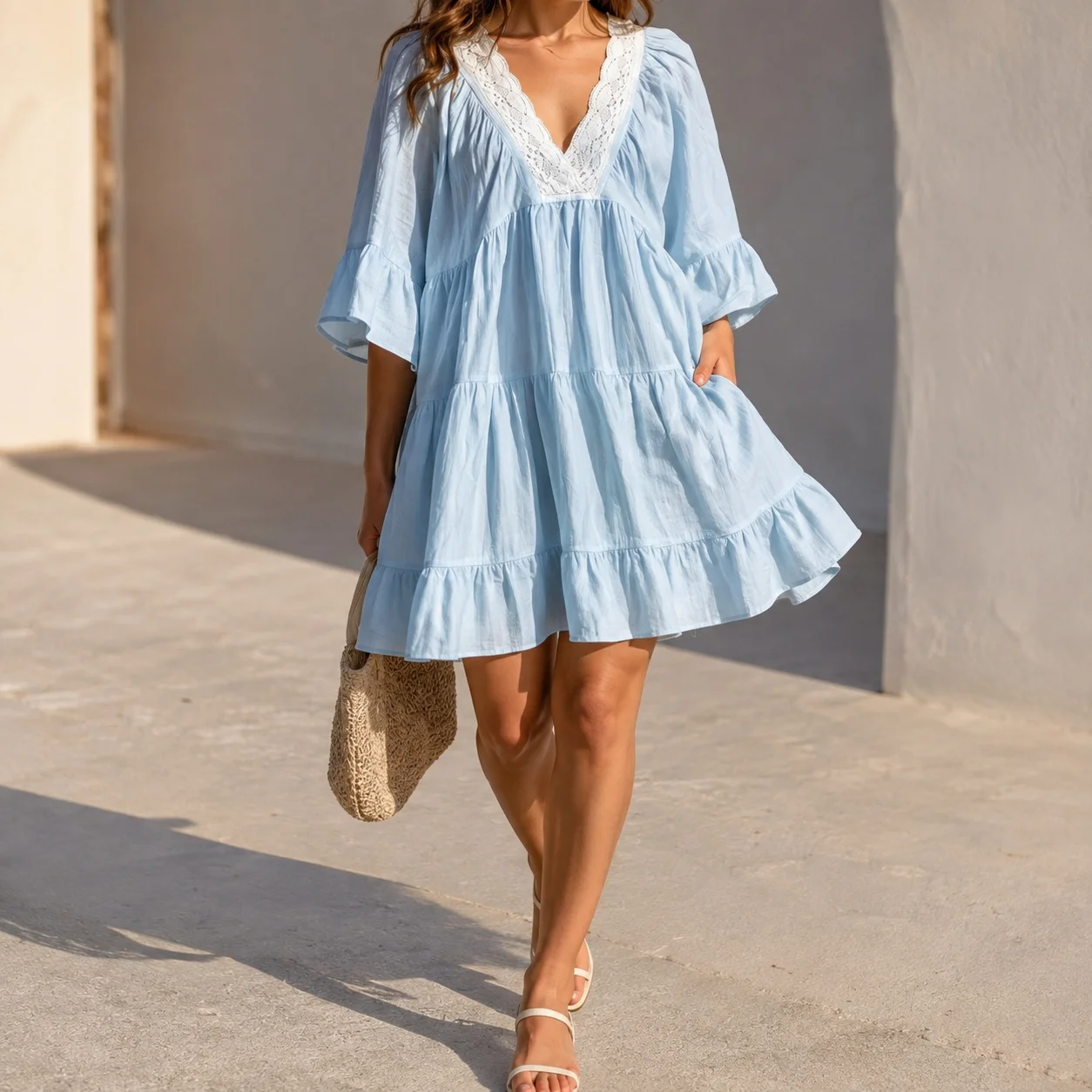 Loose Fit V Neck Dress Mid Waist Sweet and Fresh with Flared Sleeve Three Quarter Sleeve Ruffle Hem Patchwork Women Summer Dress