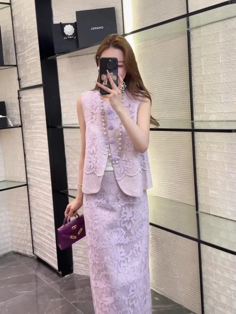 

New High Quality Summer Chinese Two Piece Set Women Fashion Lace Jacquard Patchwork Sleeveless Vest Shirt + Skirt Party Suit