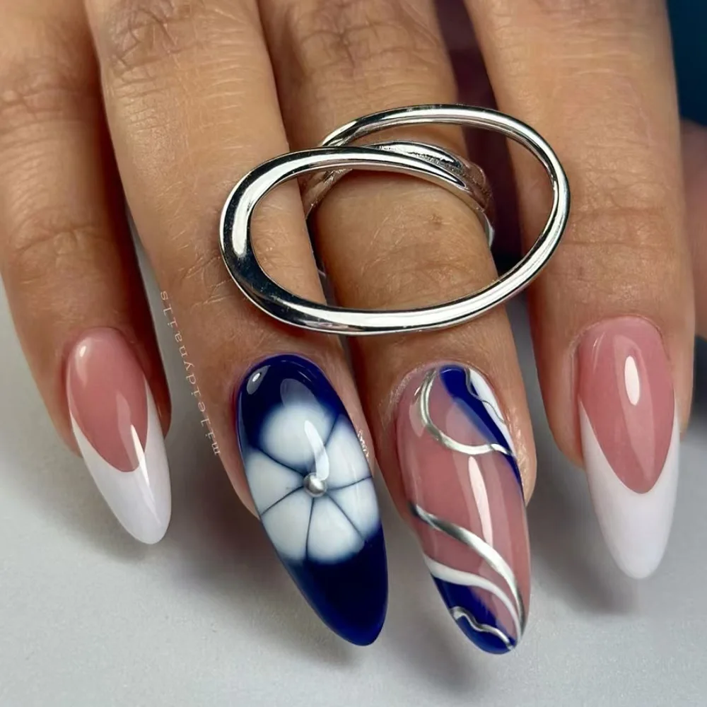 

24Pcs Mid-length French Almond Press on Nails with White Flower Smudge Design Fake Nail Irregular Line Reusable False Nails Tips