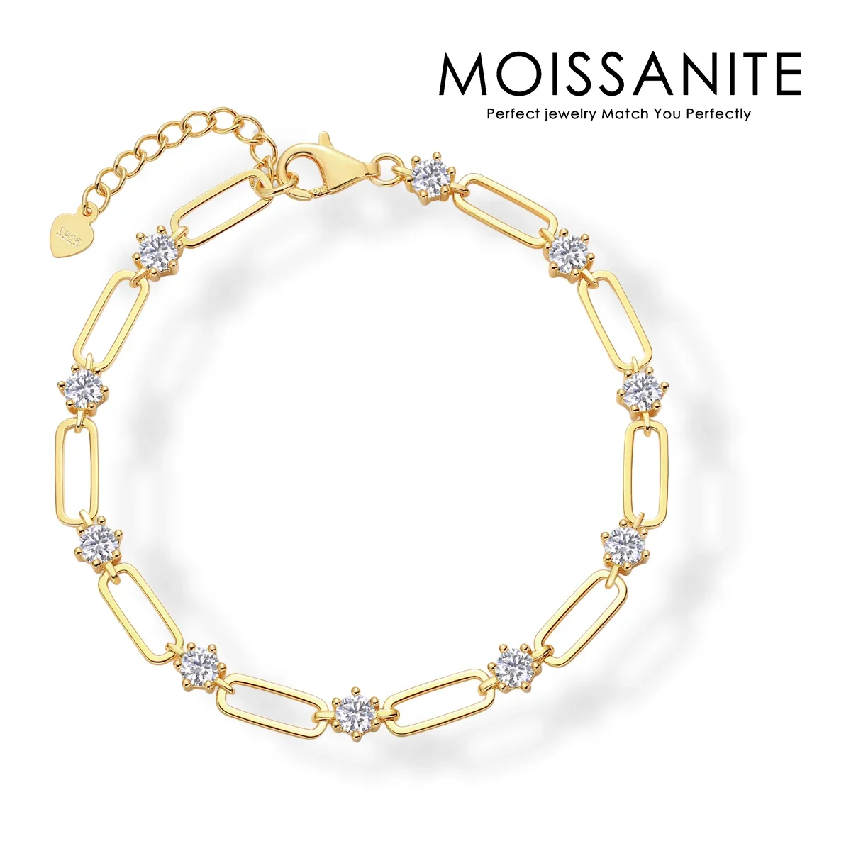 

3cttw 925 Silver Gold-Plated Bracelet with Moissanite Diamonds – Elegant Chain Design, Sparkling and Sophisticated