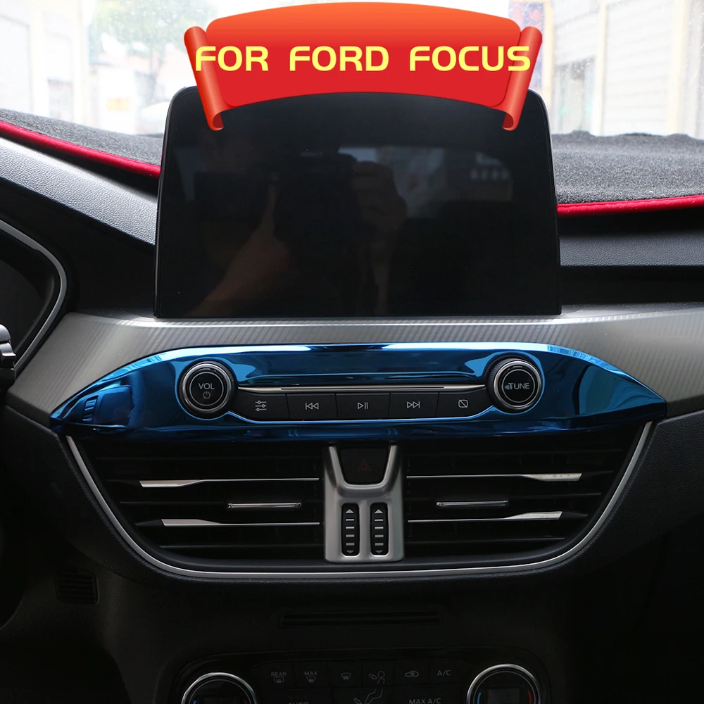 AT Car Central Control Knob Panel Cover Trim Sticker For ford focus MK4 2019 2020 Stainless Steel Sliver Decorative Blue Frame