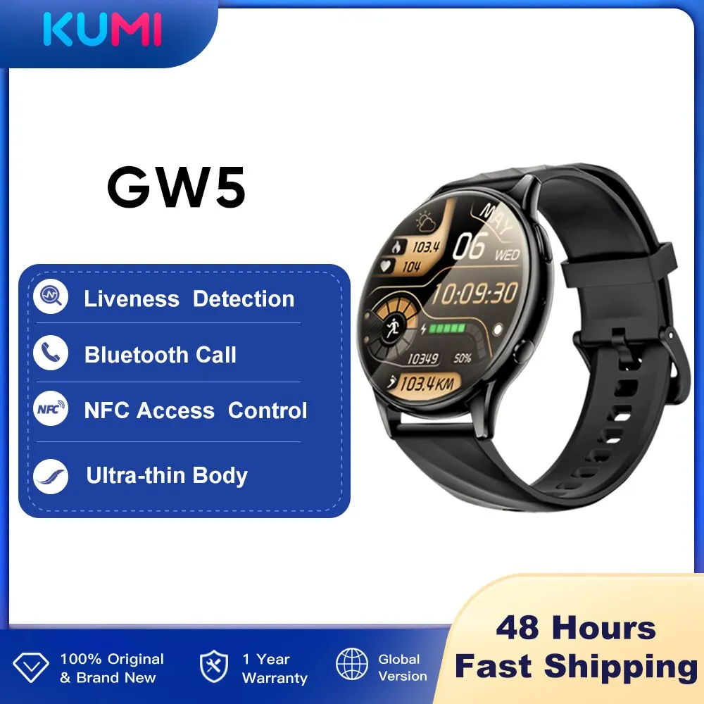 KUMI GW5 Smart Watch 1.39 Inch NFC Bluetooth 5.2 100+ Sport Heart Rate Blood Pressure Oxygen Monitor Waterproof IP68