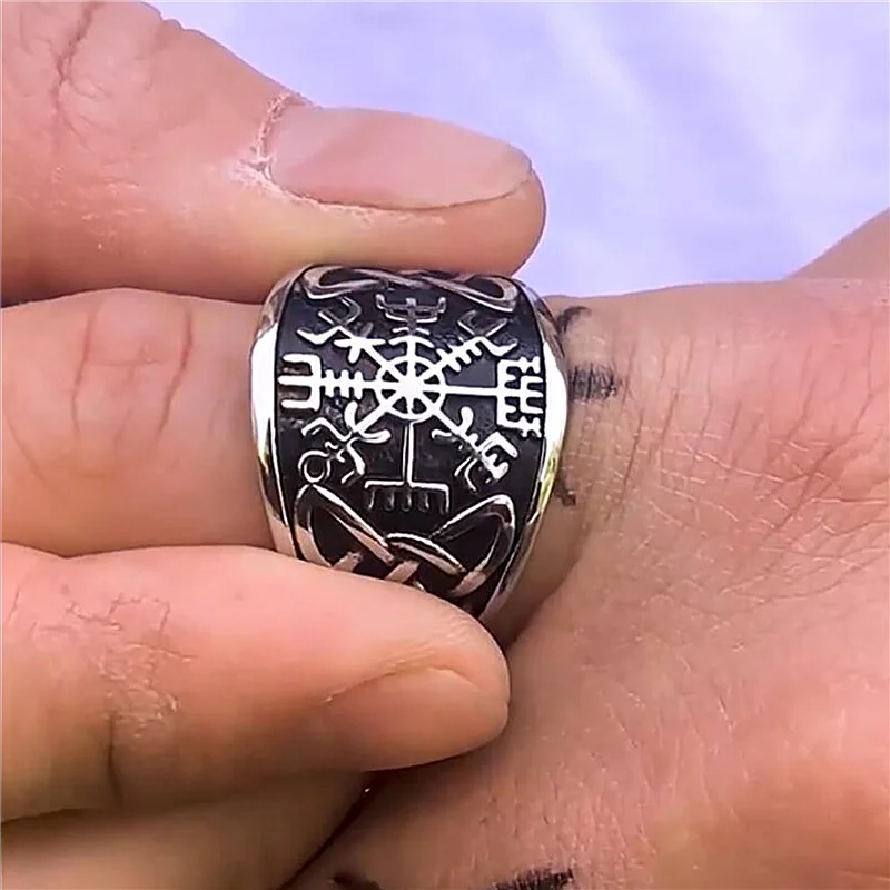 Vintage Vegvisir Pirate Compass Ring Nordic Symbol Cocktail Rider Ring Men\'s Statement Punk Jewelry