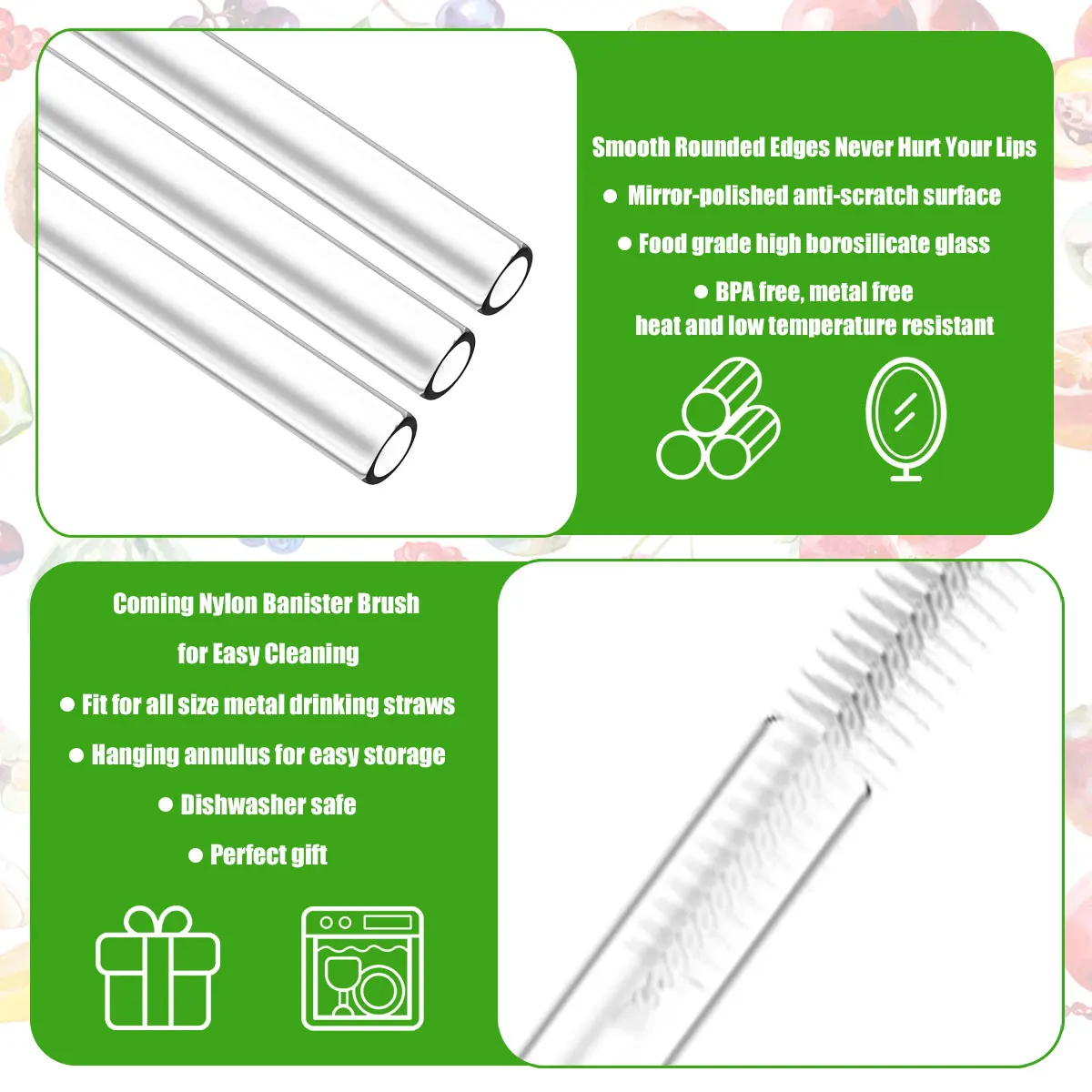 6Pcs Drinking Straws Clear Glass Drinking Staws with Cleaning Brush Cute Flower Tortoise Straws Heat-Resistant Smoothie Straws