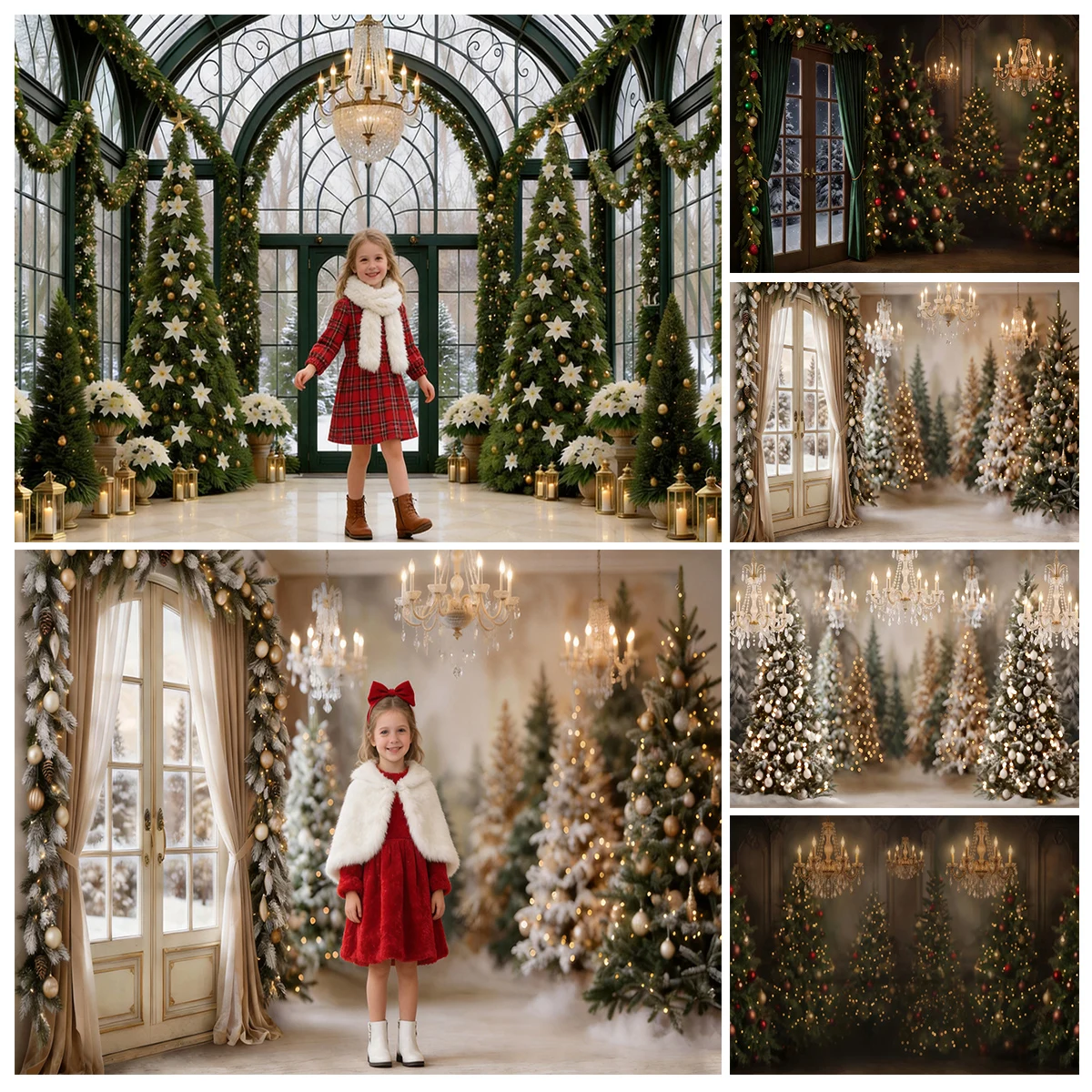 Elegant Luxury Christmas Adults Kids Photography Backdrop Chandelier Window Wreath Tree Snow Gold Green Velvet Red White Xmas