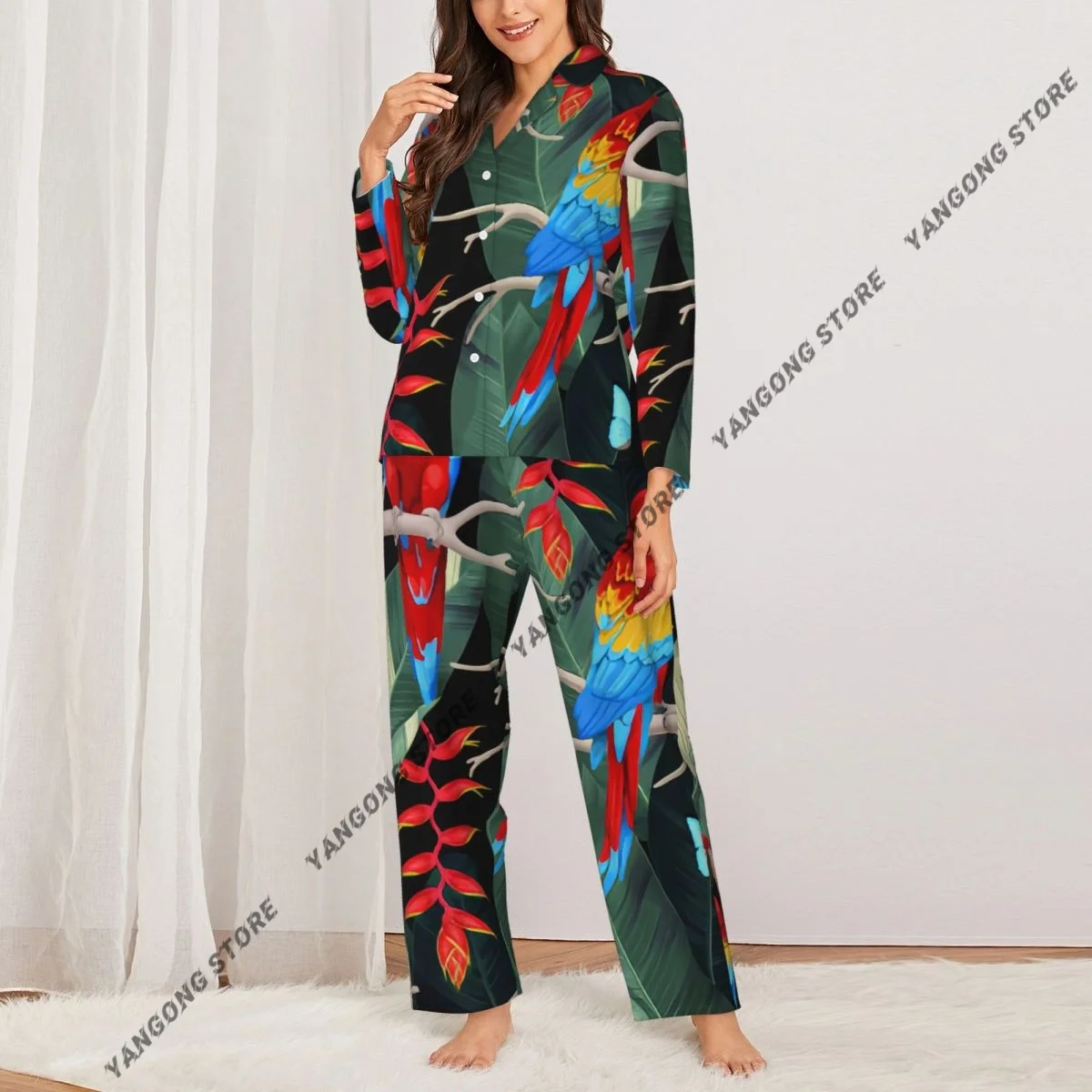 Women Sleepwear Pajamas Macaw And Trees Long Sleeve Pijama Female Set Negligee Cardigan Suit