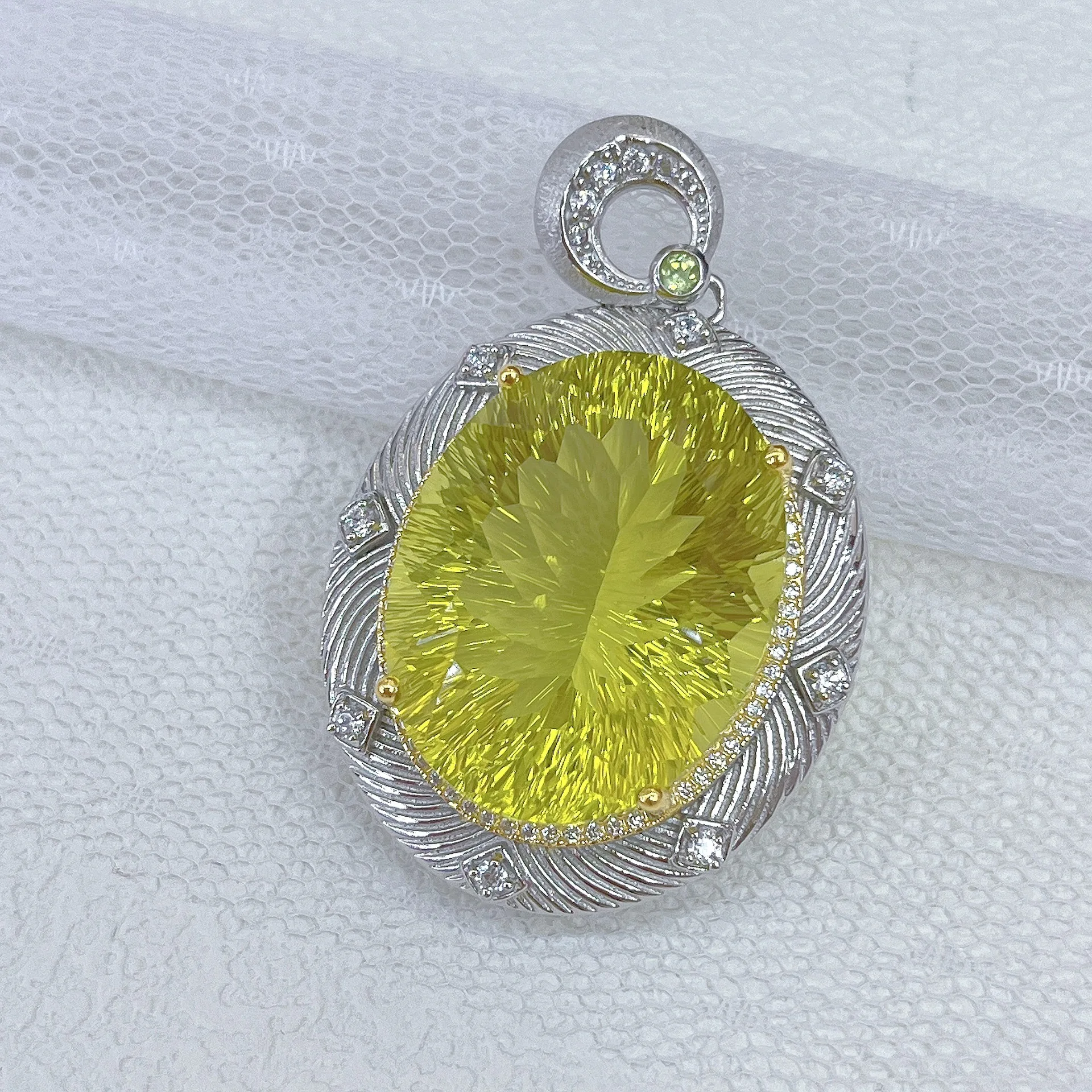 

22*28mm Lemon Quartz Pendant, S925 White Gold Plated 53.55ct Solitaire, Vibrant Yellow Gemstone Jewelry Gift for Women