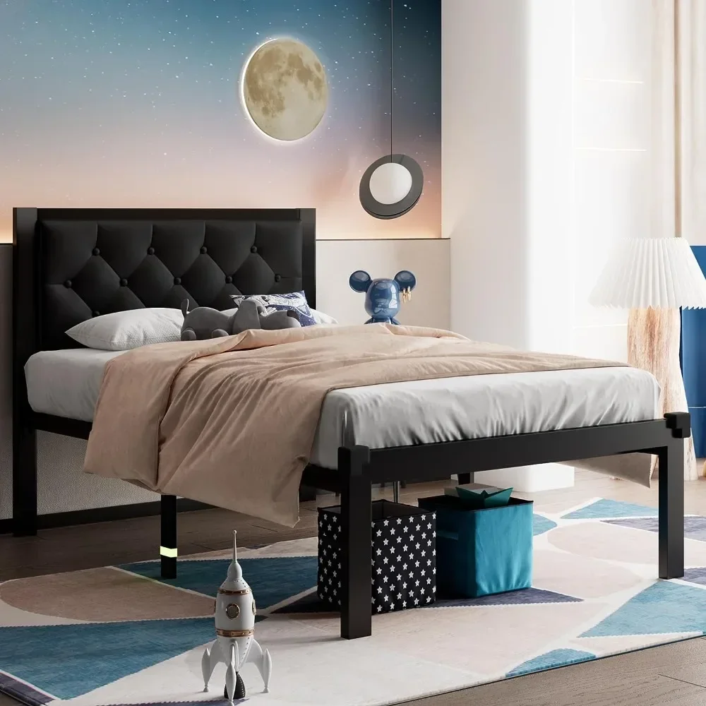Metal Bed Frame with Faux Leather Button Tufted Headboard, Storage, No Box Spring Needed, Noise Free Bed Frame