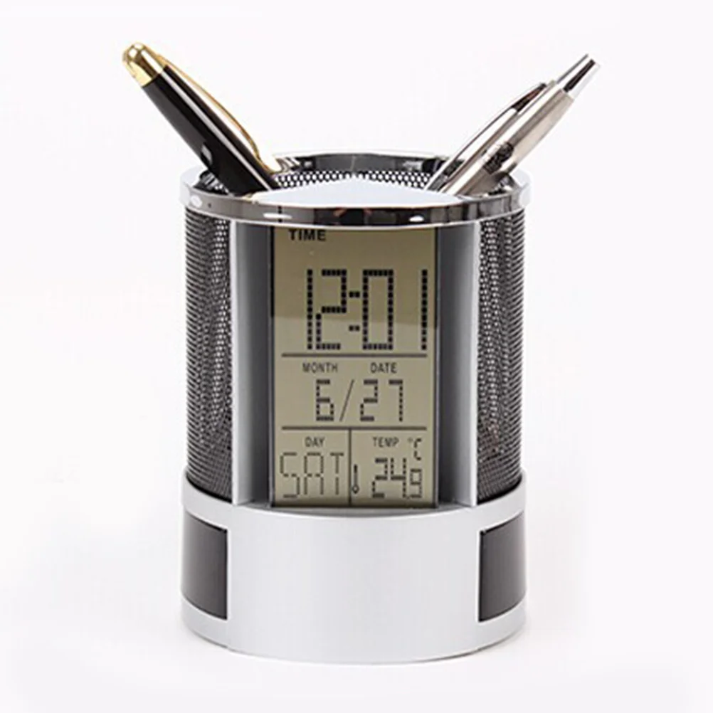 

Electronic Clock Pen Holder Multifunction Desk Organizer With Temperature Time Display Storage Container For Office School