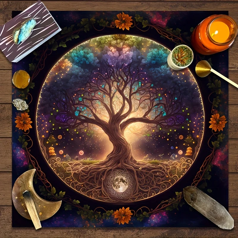 VIKAMA Tarot Ritual Tablecloth Waterproof and Stain-Resistant Tree of Life Moon Divination Meditation Energy Field Table Decor