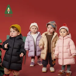 Amila Baby's Down Jacket 2024 Winter New Boys and Girls Lengthened Solid Color Kids Cold Proof Warmth With Hooded Coat