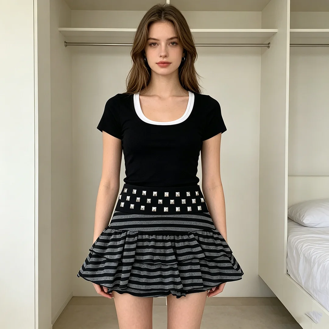 Women's black gray striped willow nail mini skirt Y2K Gothic punk layered ruffle A-line short skirt