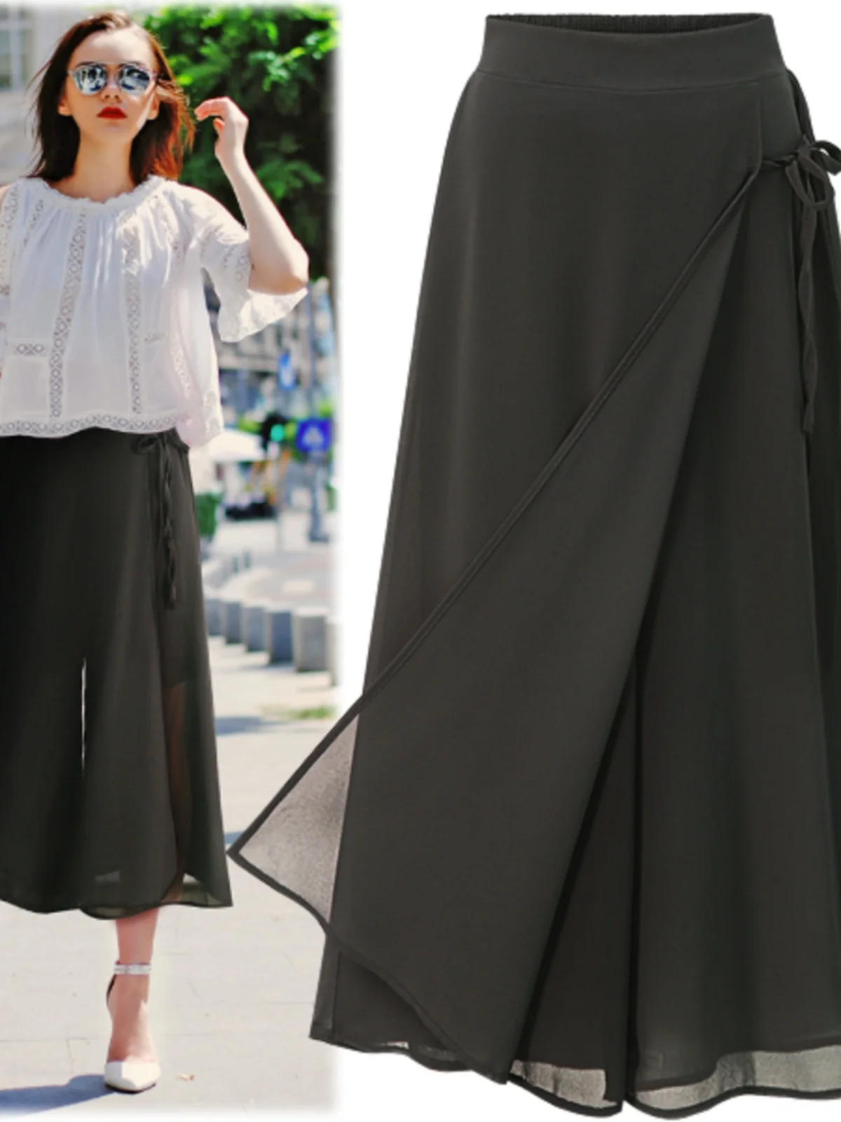 

plus Size Wide Leg Pants Spring Summer New Style Casual Loose Chiffon Skirt Pants Seven-Foot Length plus Size Women's Clothing