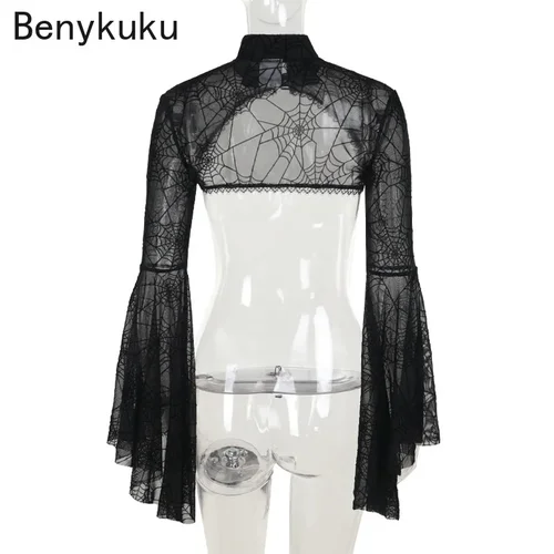 Imagen 2 del producto Top gótico Grunge con mangas acampanadas para mujer, Top corto Vintage Punk Y2k, tela de araña negra gótica de Halloween, encaje transparente, encogimiento de hombros