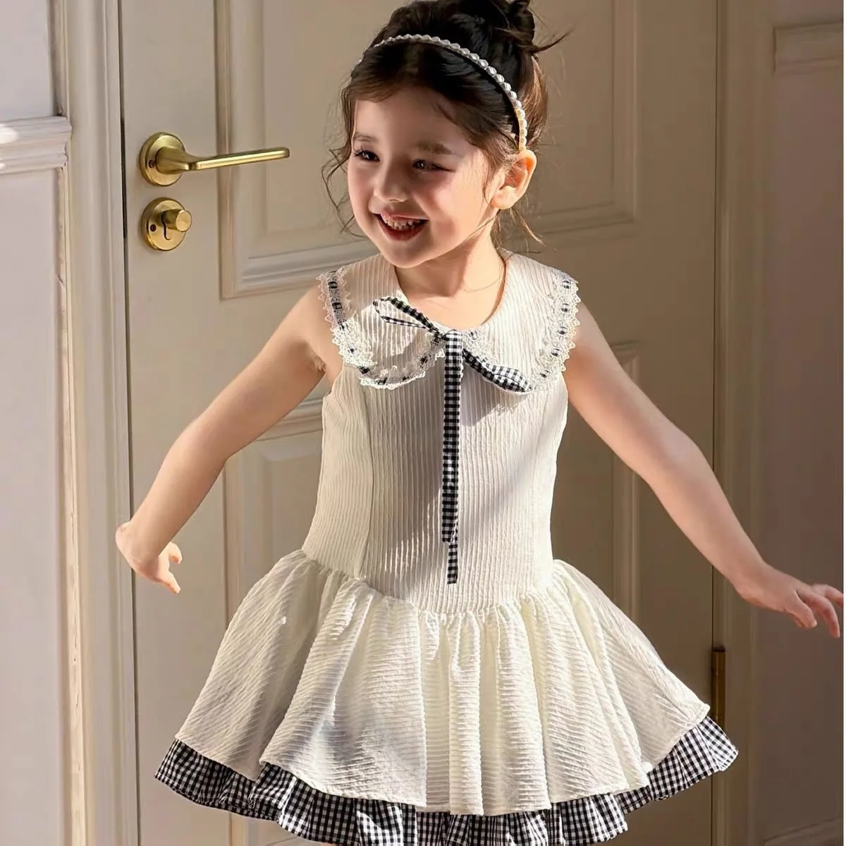 2026 Summer Girls Vintage Plaid Dress, Peter Pan Collar Sleeveless Tank Gown, Sweet Princess Outfit for 90-140cm