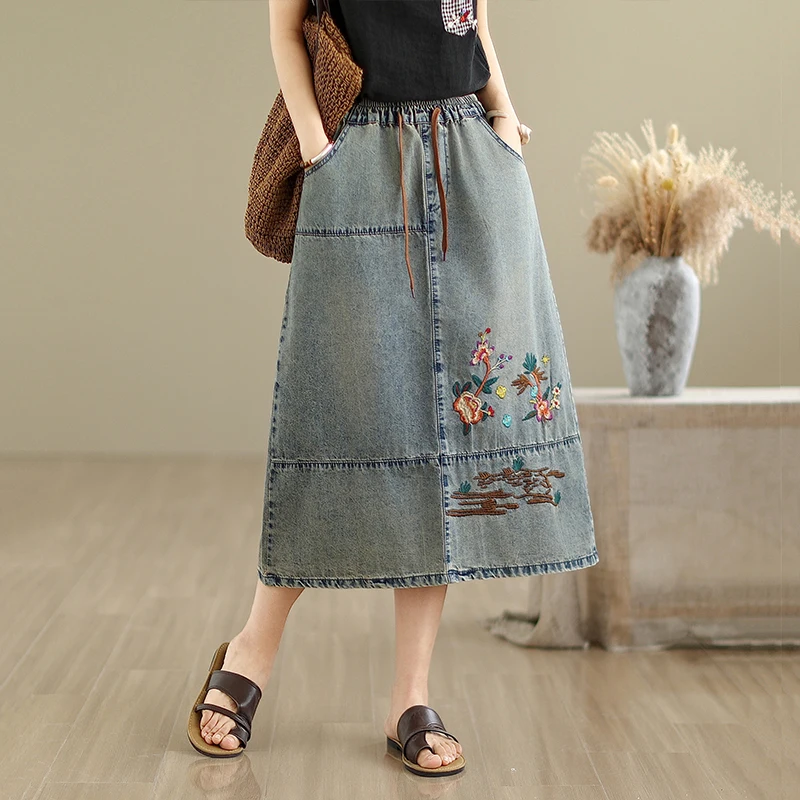 빈티지 자수 데님 롱 스커트 여성 캐주얼 루즈 빅 사이즈 스트레이트 청바지 스커트 레트로 스트레치 허리 a 라인 Faldas Largas