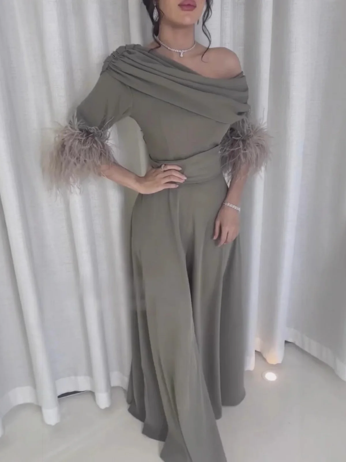 Faionable Lose Einteilige Sexy Feder Patchwork Diagonal oulder Dr Hohe Taille Lange Hosen frauen Spezielle Kleidung